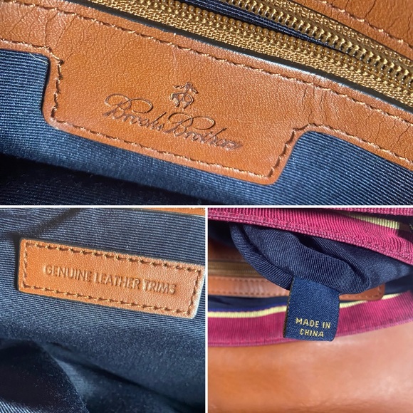 Brooks Brothers Brown Leather Red Multi Striped Fabric Crossbody Bag Purse - Picture 5 of 16